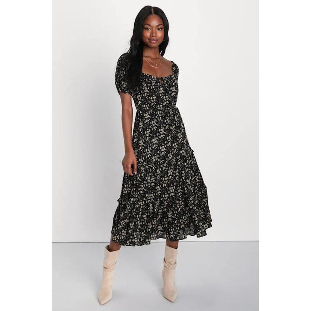 Lulus Black Floral Print Ruffled Midi Dress - Size XL